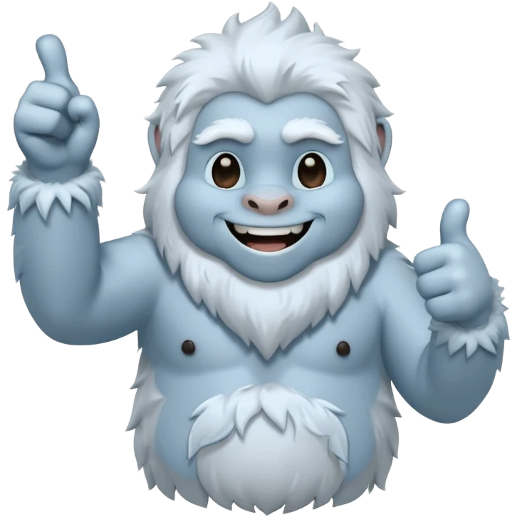 yeti, full body, ice grey blue, full body fur, thumbs up, smiling, winking emoji