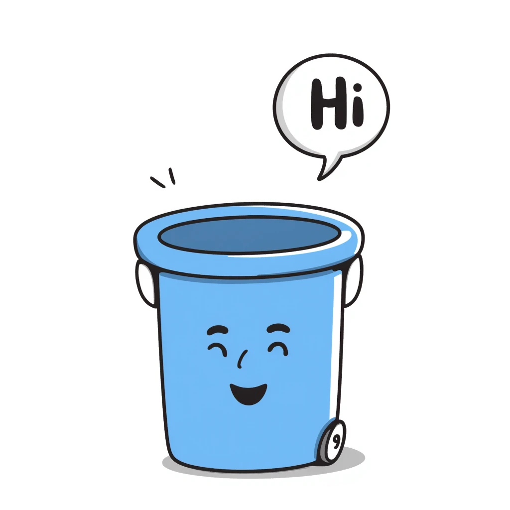 hand-drawn blue bin with a smile, speech bubble with 'hi' emoji