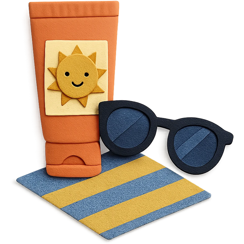 tube of sunscreen with a smiling sun, next to sunglasses and a towel, paper-craft style emoji