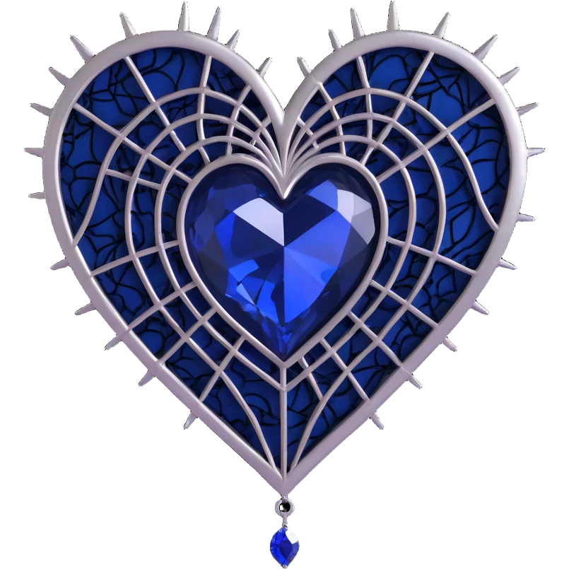 3D emoji gothic heart, midnight blue crystal, silver spiderweb, black lace trim emoji