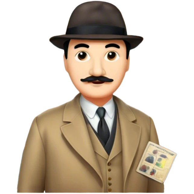 Icon for Detective Movies: A colorful collage with Hercule Poirot and mysterious city backdrop. Include a board with photos of suspects, clues like fingerprints and a crime scene. Retro movie poster style. Transparent background. emoji
