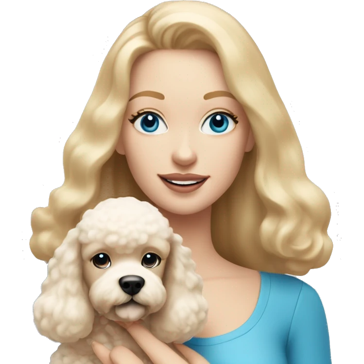 woman with  blonde straight hair and blue eyes is holding a cream poodle puppy emoji