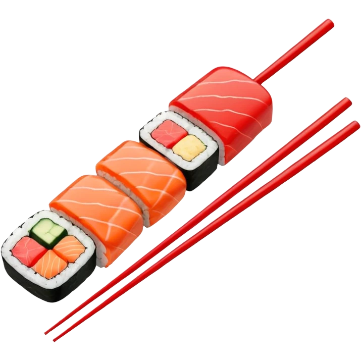 Japanese cuisine humanless avatar in minimalist emoji-style illustration. Sushi, roll and 2 chopsticks, clean lines, red white colors, flat design, calm and modern. emoji
