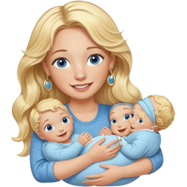 Wavy blonde, white woman with blue eyes, freckles hoop earrings, holding babies smiling and really cute in gold hoops she needs to be holding three newborns, and she needs to be more cute than pretty emoji
