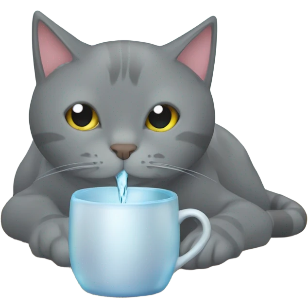 Grey cat drinking water from cup while laying down emoji