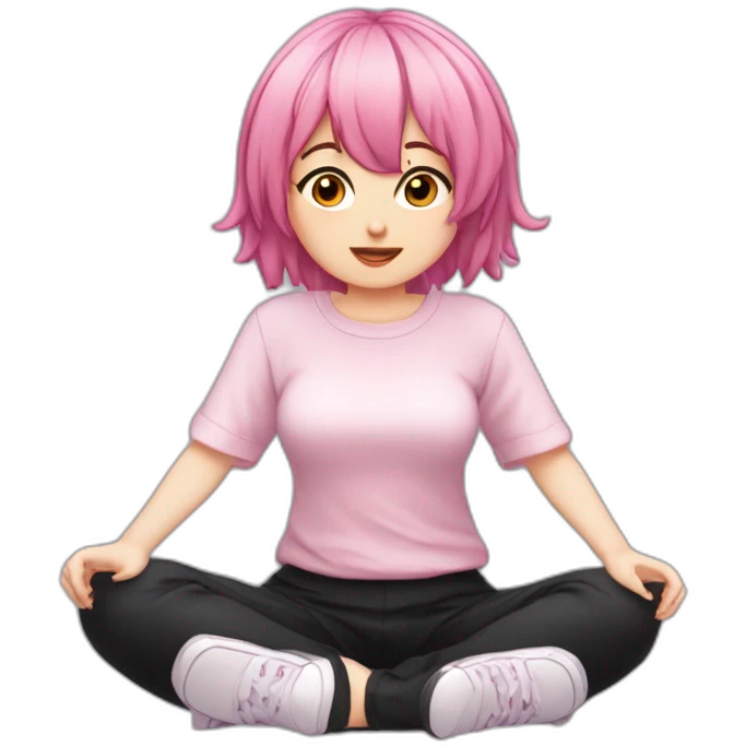 Full body Front view curvy emo girl pink hair sits on the floor straight view hands up black skirt белые трусики полосатые рваные чулки emoji