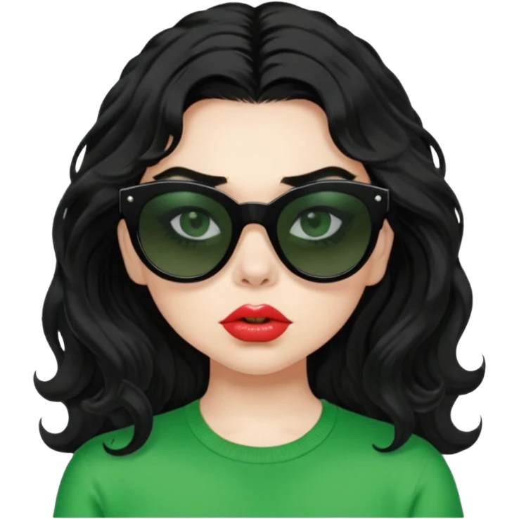current charli xcx with her long black wavy hair, thick black out sunglasses, pale skin, closed pouting lips, and a bright green top that said brat in the brat font. emoji