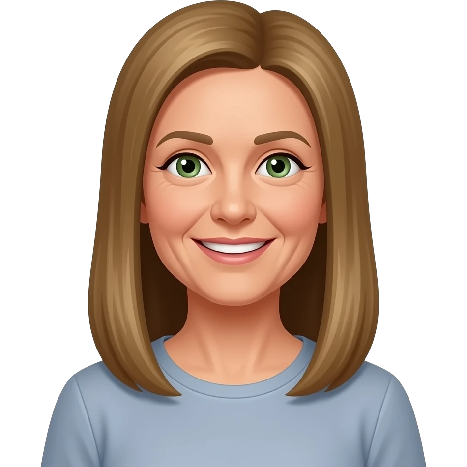 mulher cabelo longo liso loiro escuro, rosto oval,  olhos verdes, 60 anos sorriso emoji