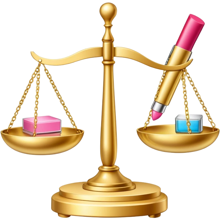 gold scale with dollars on one side and beauty products like lipstick, perfume, makeup on the other emoji