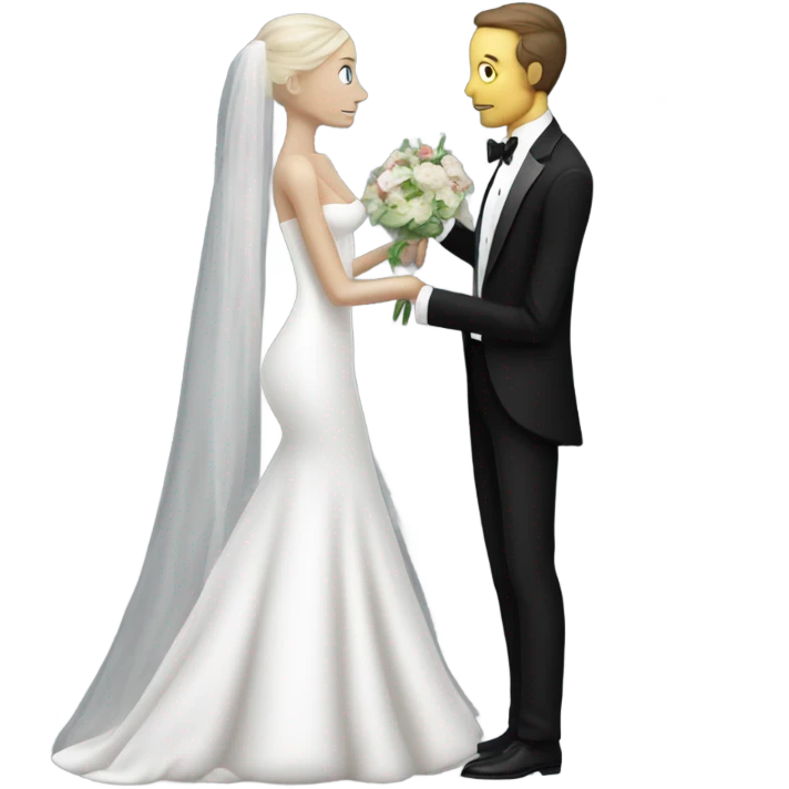 White humman man in a tuxedo holding, Alien reprilian woman in wedding dress, and one , hands getting married emoji
