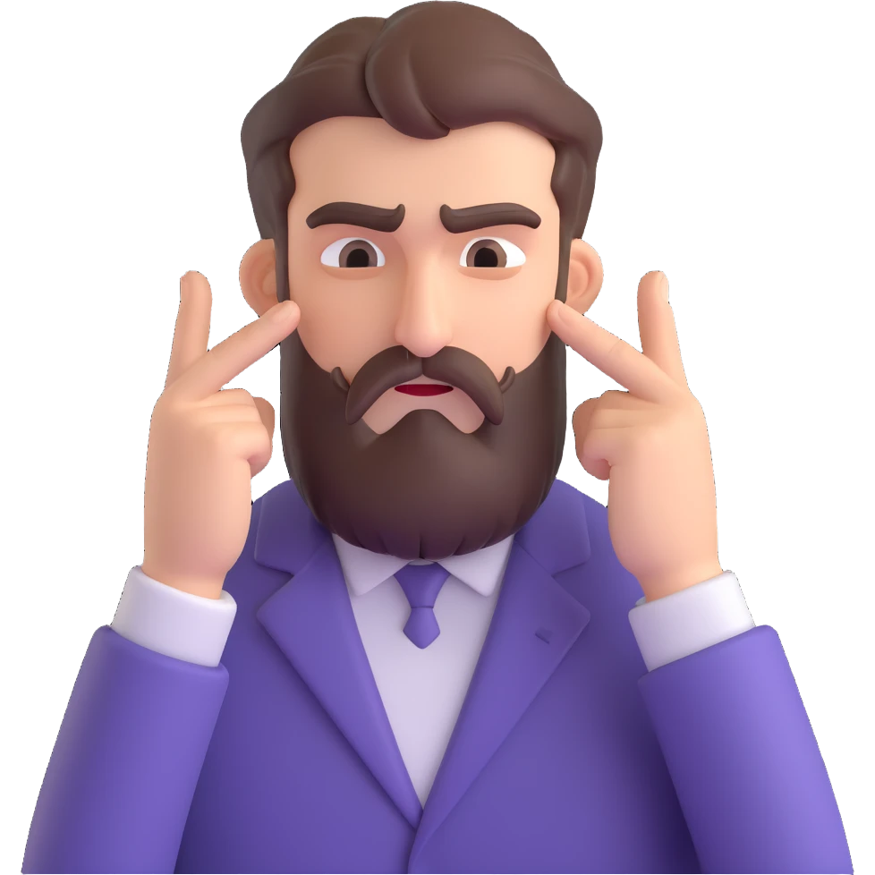 stressed bearded man pressing his temples with index fingers, furrowed brow emoji
