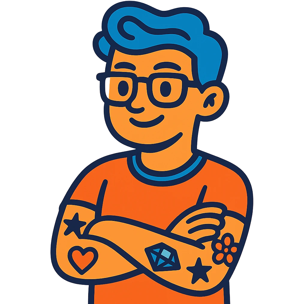 character with blue hair, glasses, and tattoos emoji
