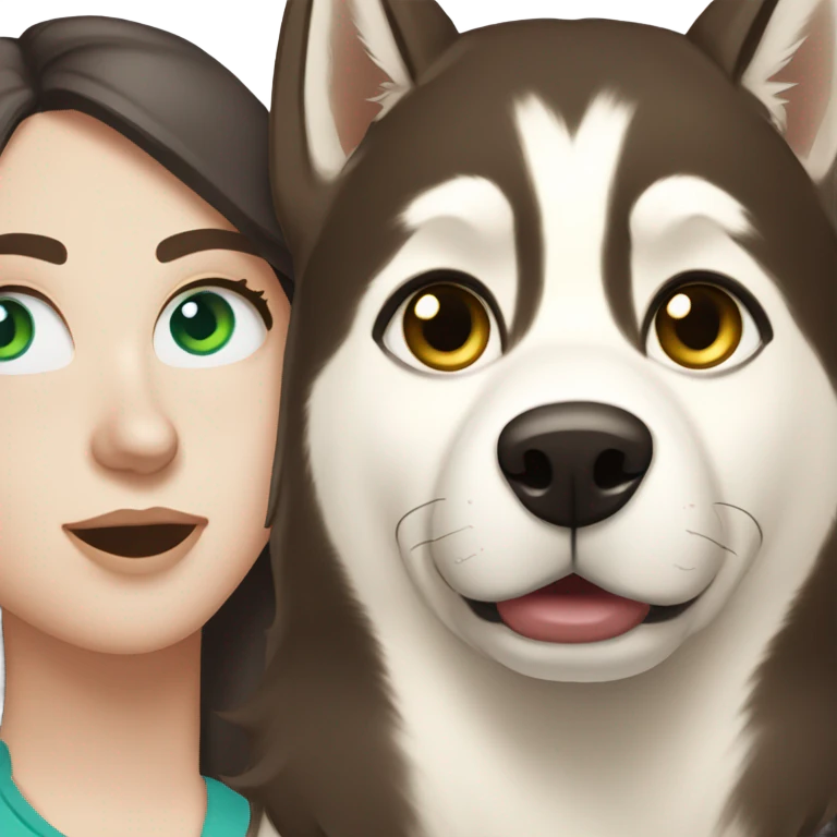 White Woman hair brown and bleus eyes and golden Husky With green eyes emoji