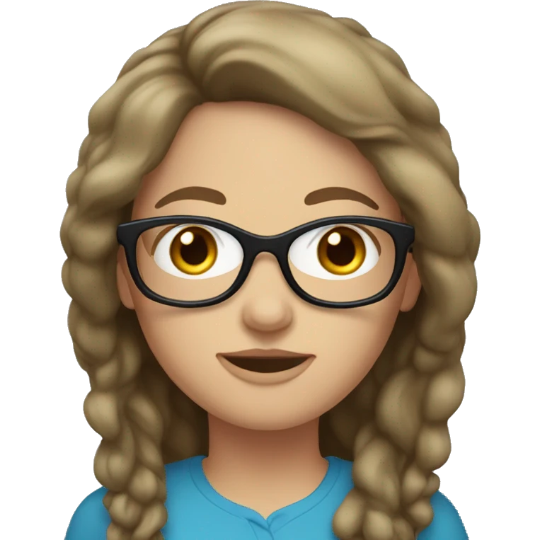 White woman, brunette, long hair, blue eyes, glasses emoji