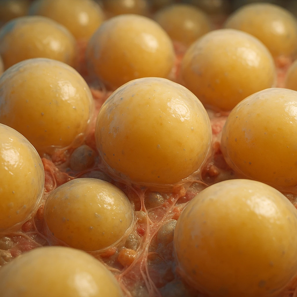 adipocytes in adipose tissue, hyper realistic 4K style, cellular details, scientific atmosphere, realistic colors emoji