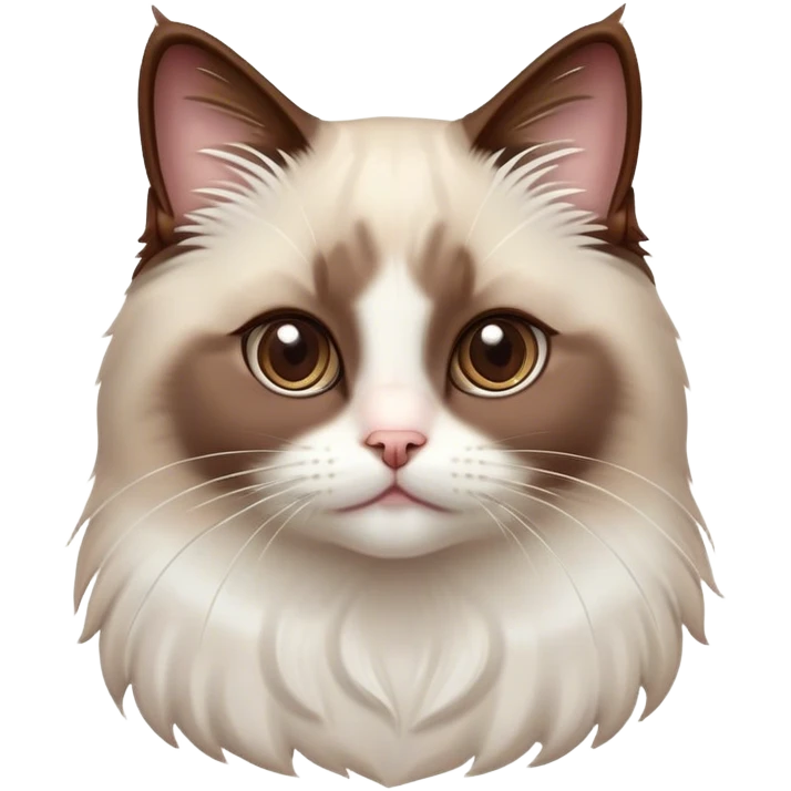 Cinematic Adorable Chocolate-Point Ragdoll Cat Portrait Emoji, Head tilted cutely with big, sparkling eyes, sleek brown and white tones with a sweet white nose, Simplified yet irresistibly adorable features, highly detailed, glowing with a soft, warm glow, high shine, affectionate and playful, stylized with a touch of whimsy, bright and endearing, soft glowing outline, capturing the essence of a curious and loving kitten, so cute it feels like it could leap out of the screen and snuggle up for a cuddle! emoji