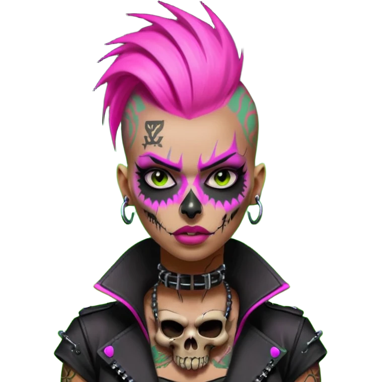 Cyberpunk female punk, pink mohawk, skull face tattoos, bionic neck, aggressive expression, neon green lighting emoji