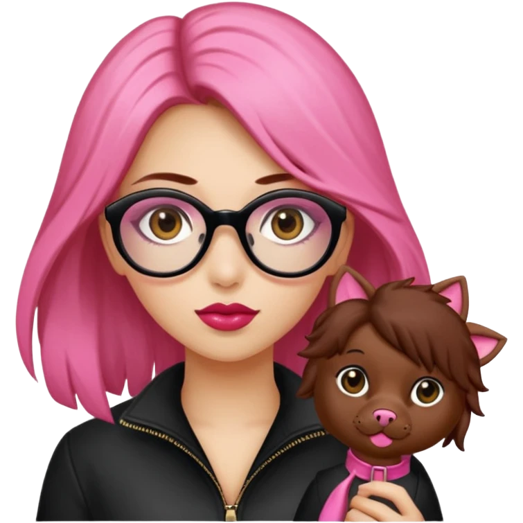 Una ragazza con capelli castani mossi e lunghi e indossi occhiali neri e con una piccola rosa nella testa. Le labbra devono essere color carne, senza rossetto emoji