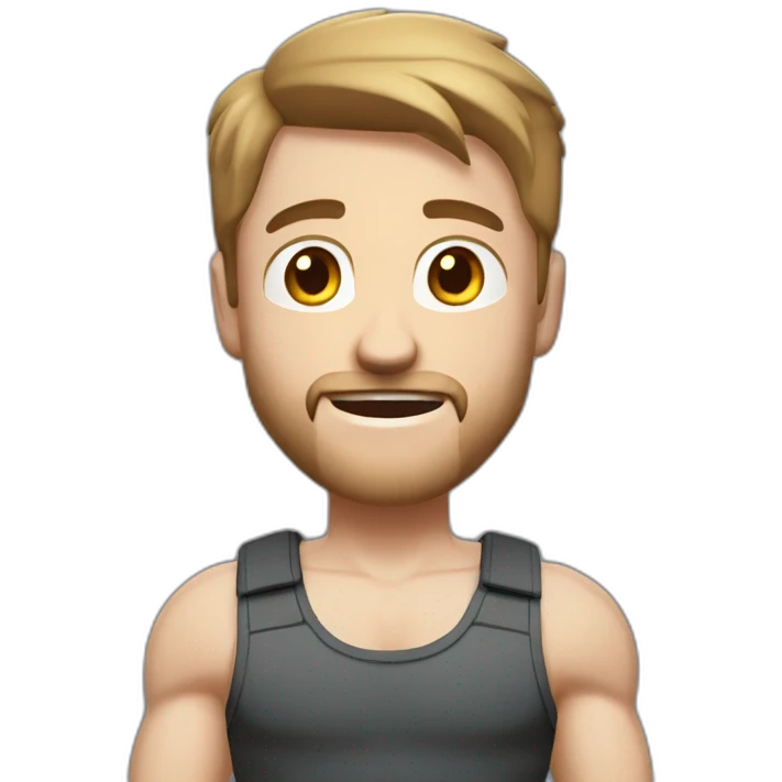 Close up Actively gesturing  with hands Pale skinned Fit Man With the biceps and brown hair in dark gray Sleeveless Mike, black oversize sports shorts, watch and white Sneakers emoji