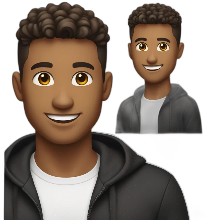 Smiling guy, barber fade haircut, wearing a black quarter zip sweater with white tee shirt under, tan skin tone, working on a MacBook Air emoji