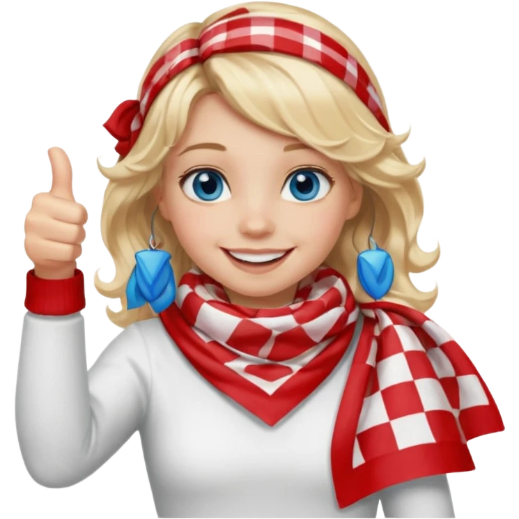 Blonde Girl, Blue Eyes, wavy hair, smiling, thumbs up, wearing red Checkered Triangle scarf, white dress emoji