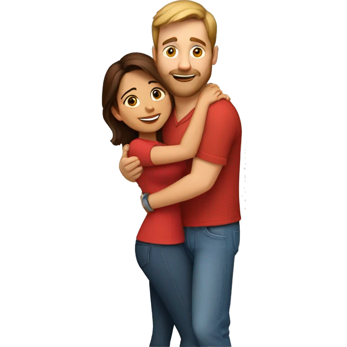 Short white man with brown hair and a wearing a red shirt and jeans hugging a tall Indian woman wearing tight clothes emoji