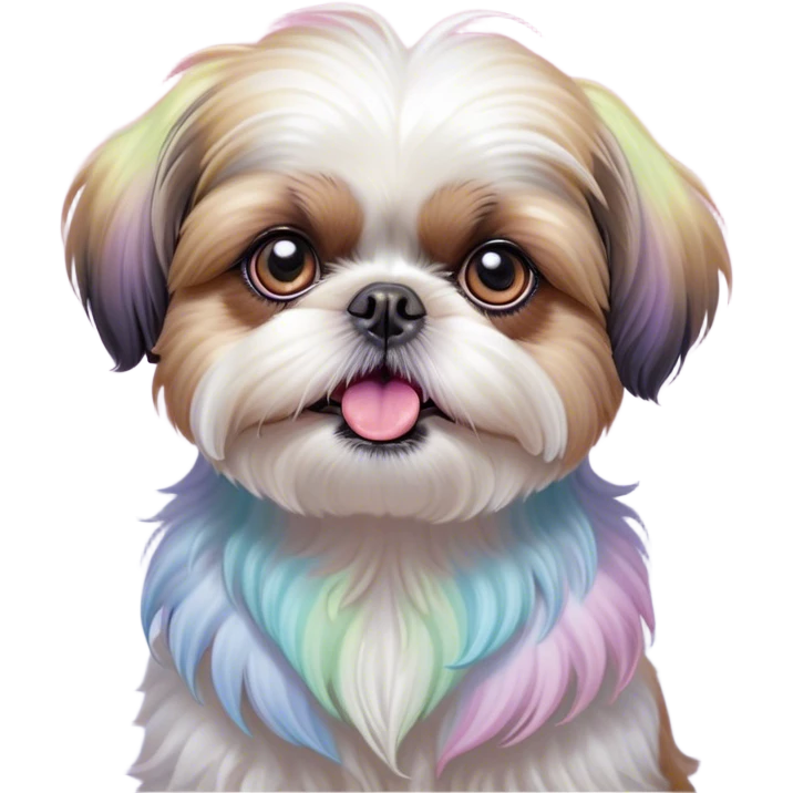 Cinematic Comical Shih Tzu Portrait Emoji, Head cocked with a hilariously exaggerated, shocked expression and twinkling, comically wide eyes, showcasing a fluffy, luxurious fur in soft pastel tones, simplified yet whimsically detailed, glowing with a playful, sassy radiance, high shine, exuding a humorous and cheeky charm, styled with a soft glowing outline, capturing the essence of a Shih Tzu that looks as if it could burst into a fit of playful antics at any moment! emoji