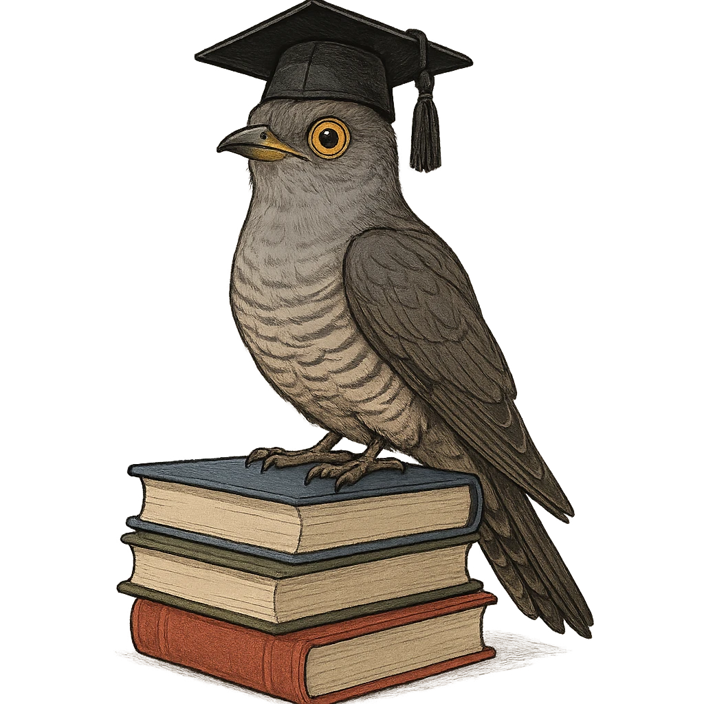a clever bird named Coocoo, perched on a stack of books, with a graduation cap, looking proud and smart emoji