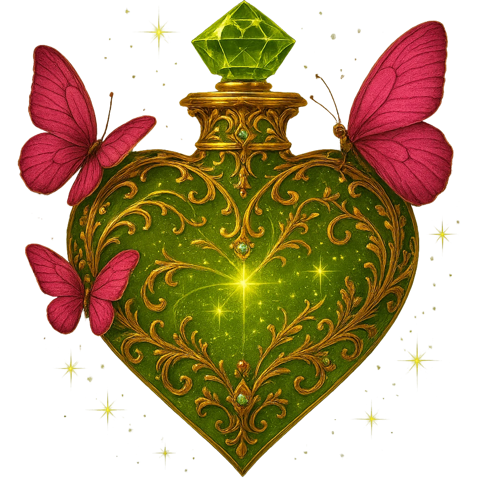 Use the exact bottle as the base: a glowing, crystal, heart-shaped bottle with #c0ff53 green glitter liquid, two pink butterflies, magical dust, and a crystal neck. Add more luxurious details directly onto the bottle—elegant golden filigree, small gemstones, and subtle gold accents—while keeping the original shape, glow, and composition. The style should remain magical, glowing, and impressive. Transparent background (PNG). emoji