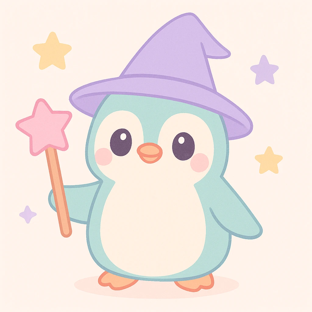 cute and whimsical penguin dressed as a wizard, pointed hat, magic staff, adorable and charming emoji