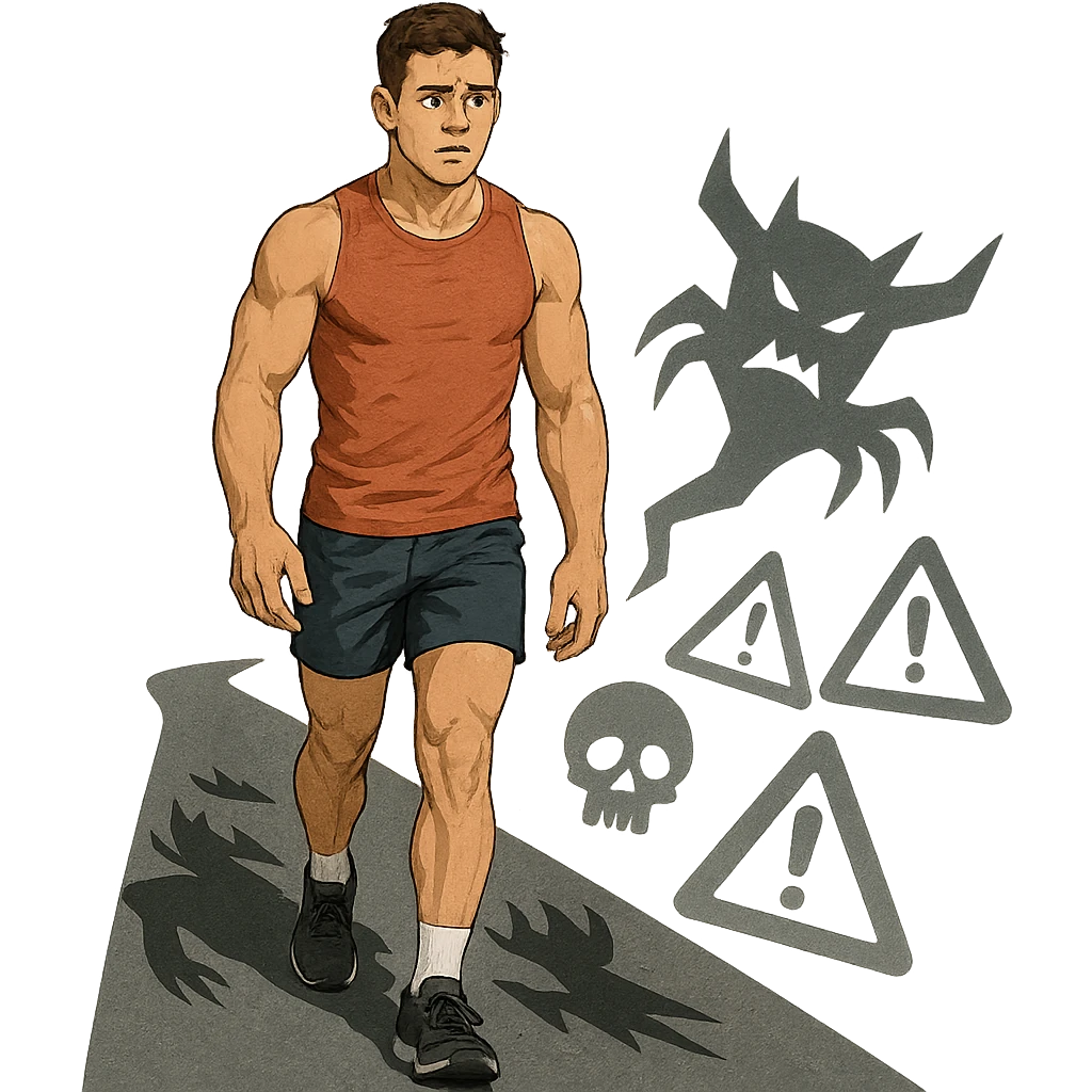 young muscular athlete following a road with threatening shadows and danger symbols projected on the path, muscular but worried face, isolated on white background emoji