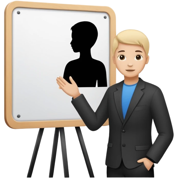 Minimalistic flat vector icon, iOS style, thin black contour on white background. Person silhouette with a project board (kanban/task board) behind. No text, no shadows.
 emoji