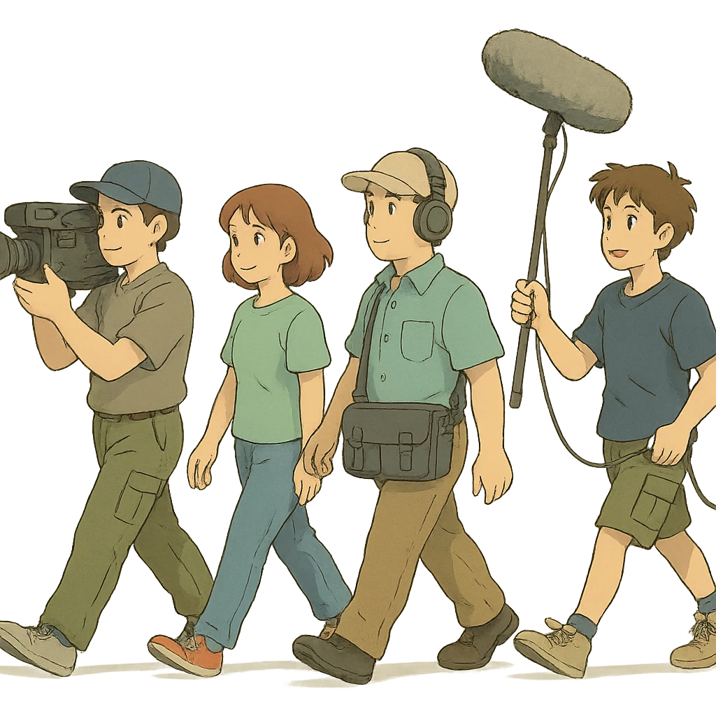 a flim crew, walking from left to right across frame: a cameraman, and a microphone operator emoji