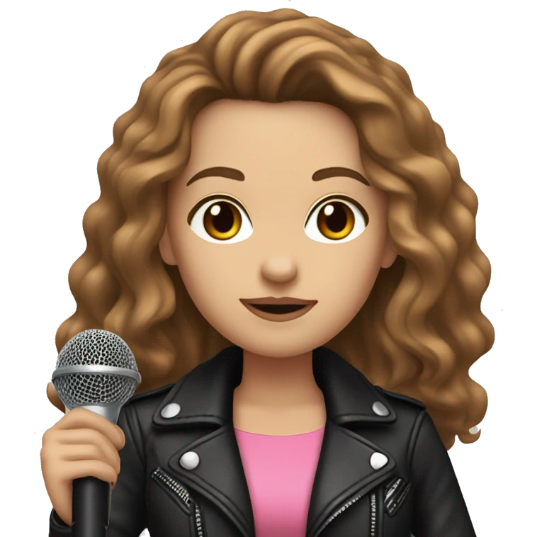 White Woman, Long Brown Wavy Hair, Brown Eyes, Wearing A Pink Dress and a Black Leather Jacket, holding a microphone  emoji