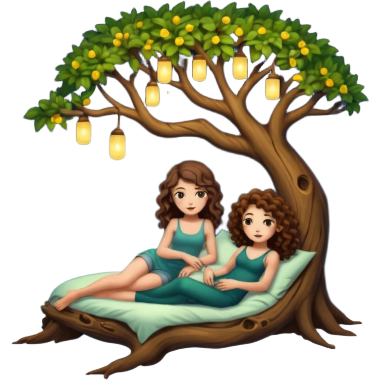 hollow tree bed — long wavy brown hair tattooed woman and short tight curly brown hair woman — firefly night lights emoji