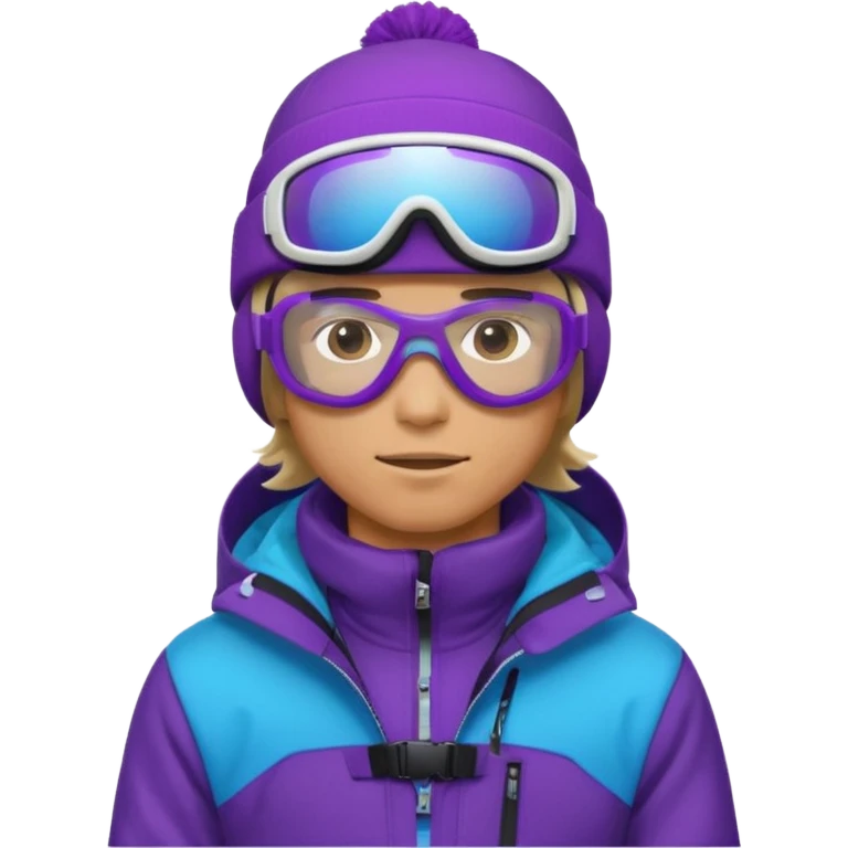male Pro Snowboarder with white beanie, ONE pair of purple and blue frameless goggles and a black jacket emoji