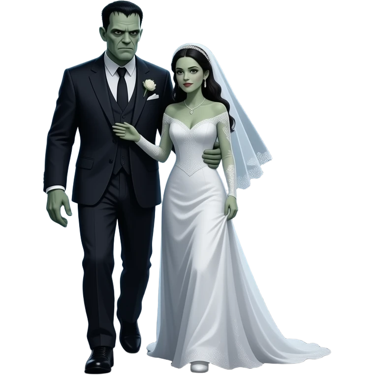 cinematic realistic - Frankenstein Monster embraces his monstrous bride while walking through a desolate night landscape emoji