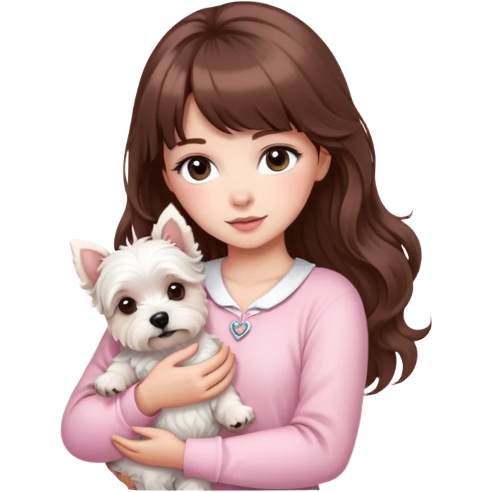 “A woman with fair skin, long brown hair with bangs, large brown eyes, and long, beautifully curled eyelashes. She is wearing a baby pink outfit and holding a West Highland White Terrier in her arms.” emoji