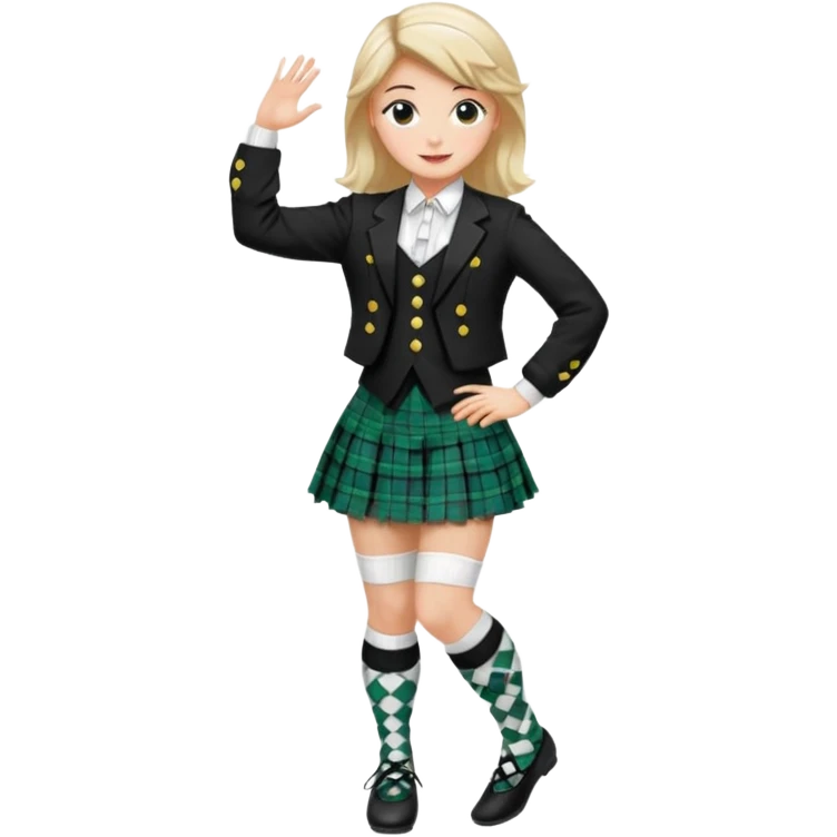 Highland dancing argyle just over the knee socks, blouse, highland dancing jacket, tartan miniskirt and highland dancing shoes emoji