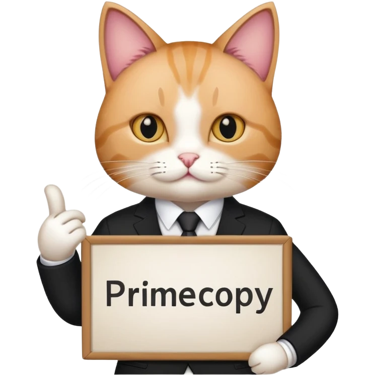 Cat in a black business suit holding a sign that says "PrimeCopy" emoji
