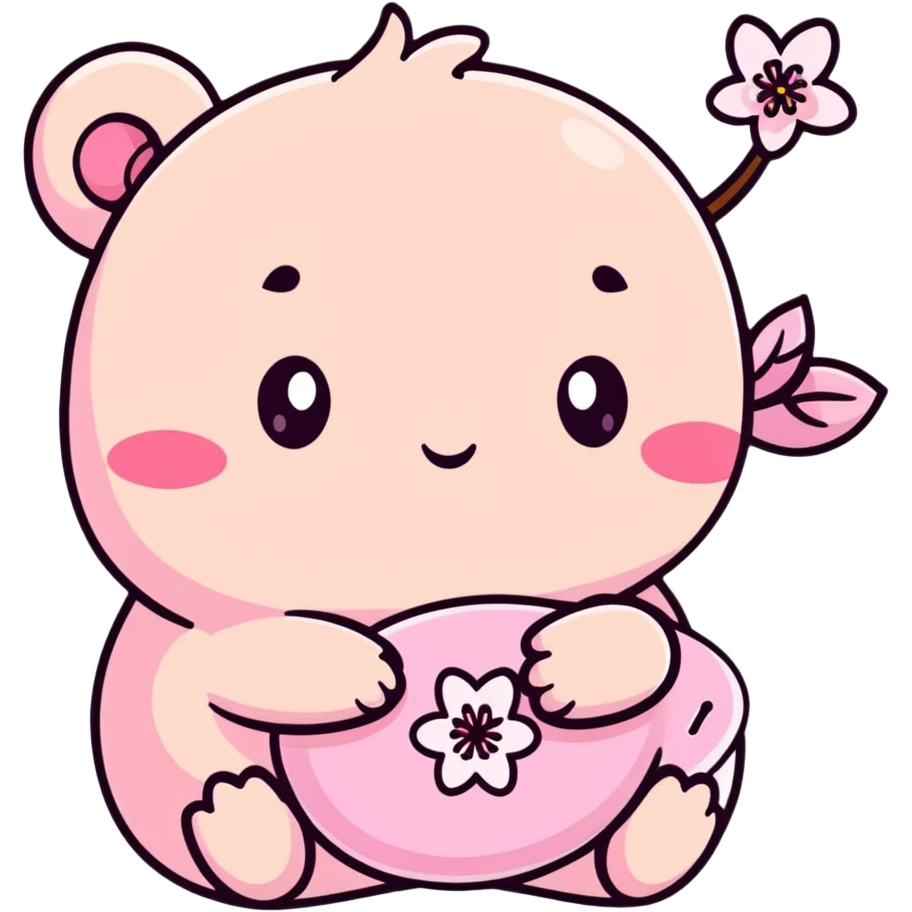 baby pink cherry blossom flower with teary eyes and a mischievous smile, hiding snacks behind its back, soft chubby body, kawaii face emoji