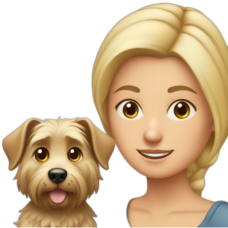 mujer rubia de pelo corto con su perro ratón de Praga emoji