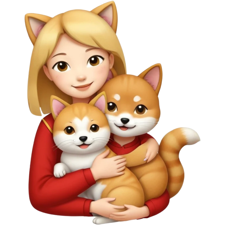 chinese fashion girl hugging  A Shiba Inu and a cat emoji