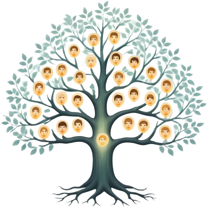 Ethereal family tree with translucent branches connecting glowing ancestor portraits, soft misty background, dreamlike genealogy chart emoji