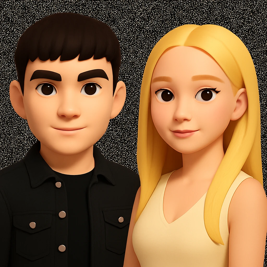 Slightly increase the volume of the upper body of the girl, separate the girl and the boy from each other, and make the skin color the same for both characters. Maintain the cartoonish 3D style in the editing. emoji