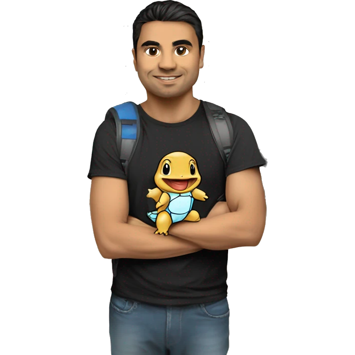 colombian software engineer with a squirtle and a mac. wearing a metallica t-shirt emoji