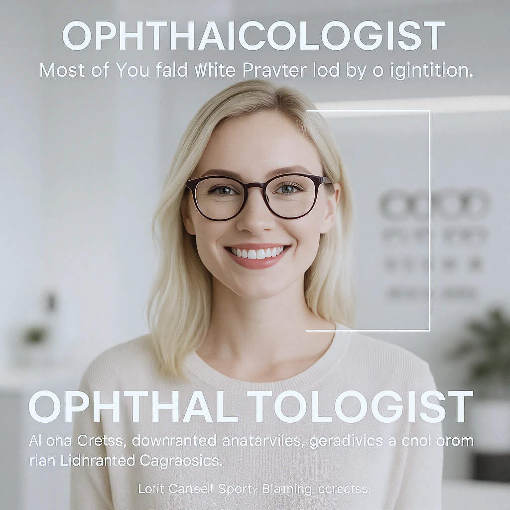 TV Advertising of a smiling european white woman with glasses smiling, minimalistic ophthalmologist interior in background, leading  lines, rule of thirds emoji