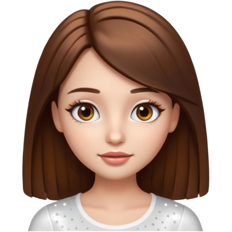 pretty cartoon girl, semi-realistic 3D emoji style, long straight brown hair, brown eyes, long eyelashes, soft glam makeup, glossy lips, smooth skin, cute aesthetic, sparkles in hair, white top emoji