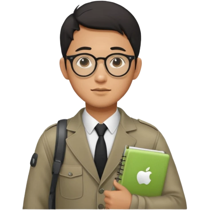 a asia man guy his 20s wearing an apple notebook, wearing bodyguard radio operator, round glasses, achromatic clothes emoji