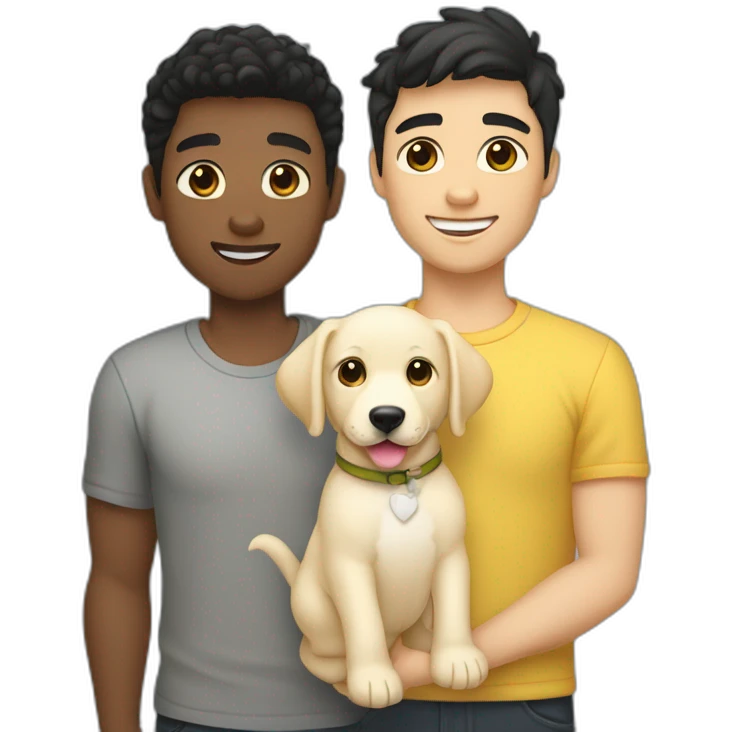 gay couple, 1st man is white straight australian blackhair-slightly-curly and 2nd man is white straight australian blackhair-holding one light yellow labrador retriever puppy emoji